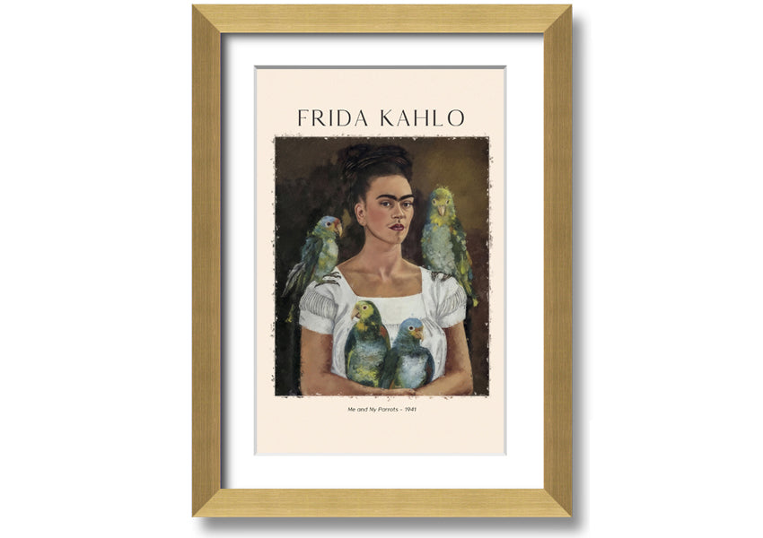 A vibrant canvas print of 'Me And My Parrots' by Frida Kahlo, featuring colorful parrots and lush foliage, mounted on a sturdy box frame.