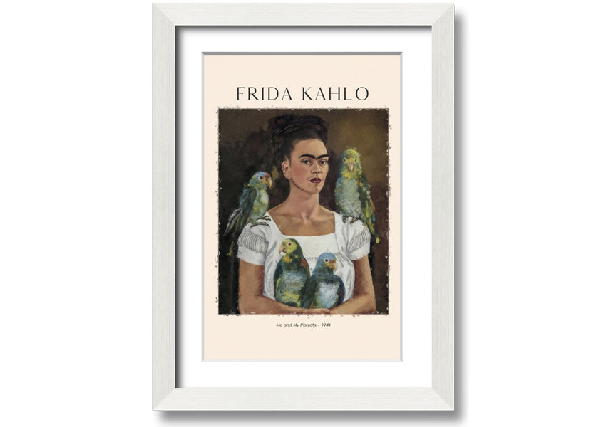 A vibrant canvas print of 'Me And My Parrots' by Frida Kahlo, featuring colorful parrots and lush foliage, mounted on a sturdy box frame.