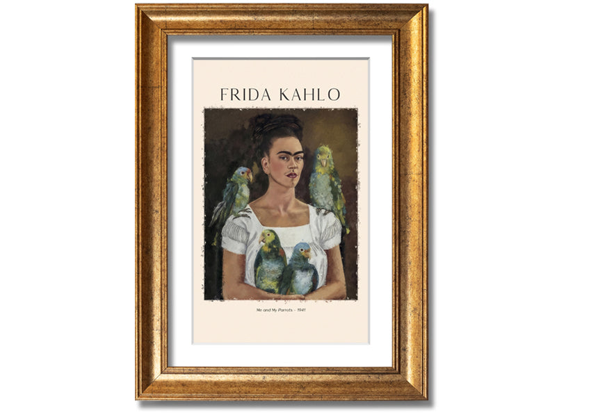 A vibrant canvas print of 'Me And My Parrots' by Frida Kahlo, featuring colorful parrots and lush foliage, mounted on a sturdy box frame.