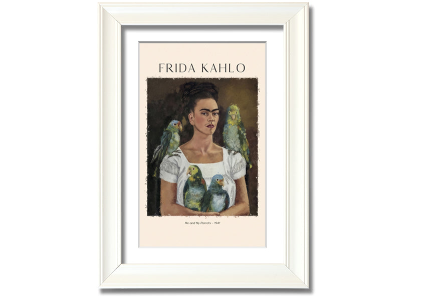 A vibrant canvas print of 'Me And My Parrots' by Frida Kahlo, featuring colorful parrots and lush foliage, mounted on a sturdy box frame.