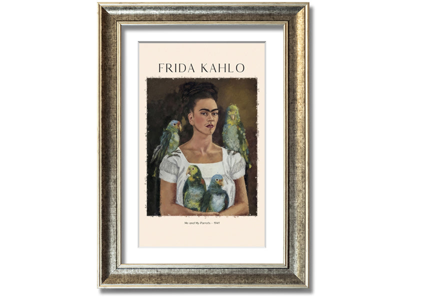 A vibrant canvas print of 'Me And My Parrots' by Frida Kahlo, featuring colorful parrots and lush foliage, mounted on a sturdy box frame.