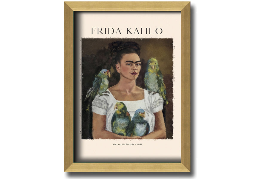 A vibrant canvas print of 'Me And My Parrots' by Frida Kahlo, featuring colorful parrots and lush foliage, mounted on a sturdy box frame.