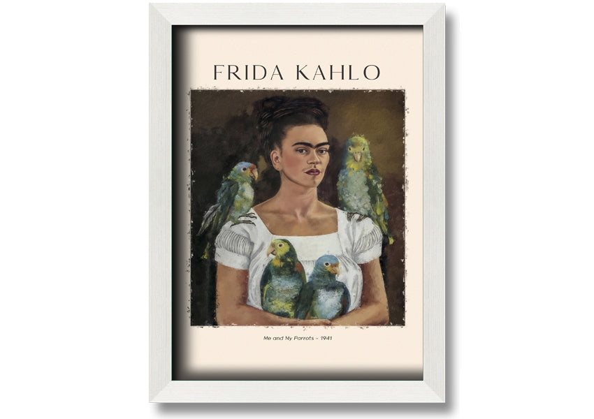 A vibrant canvas print of 'Me And My Parrots' by Frida Kahlo, featuring colorful parrots and lush foliage, mounted on a sturdy box frame.