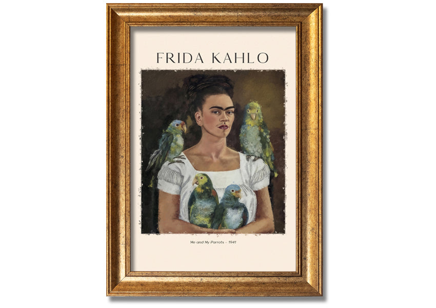 A vibrant canvas print of 'Me And My Parrots' by Frida Kahlo, featuring colorful parrots and lush foliage, mounted on a sturdy box frame.