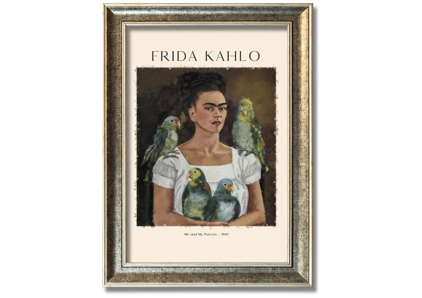 A vibrant canvas print of 'Me And My Parrots' by Frida Kahlo, featuring colorful parrots and lush foliage, mounted on a sturdy box frame.