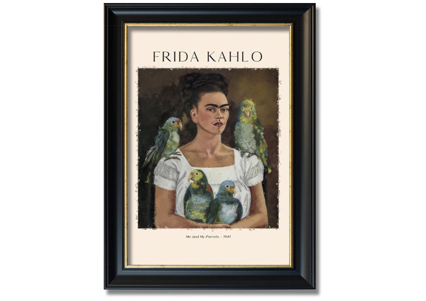 A vibrant canvas print of 'Me And My Parrots' by Frida Kahlo, featuring colorful parrots and lush foliage, mounted on a sturdy box frame.