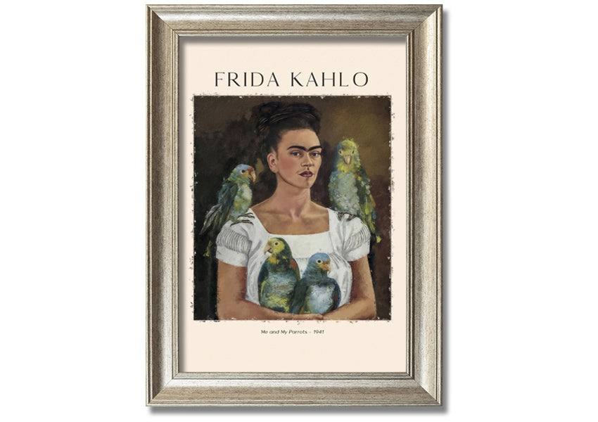 A vibrant canvas print of 'Me And My Parrots' by Frida Kahlo, featuring colorful parrots and lush foliage, mounted on a sturdy box frame.