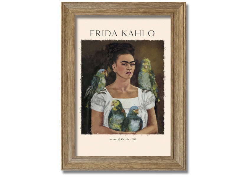 A vibrant canvas print of 'Me And My Parrots' by Frida Kahlo, featuring colorful parrots and lush foliage, mounted on a sturdy box frame.