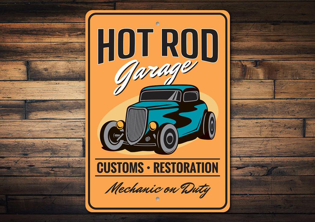 Mechanic on Duty Hot Rod Garage Sign made of high-quality aluminum, featuring customizable text and pre-drilled holes for easy mounting.