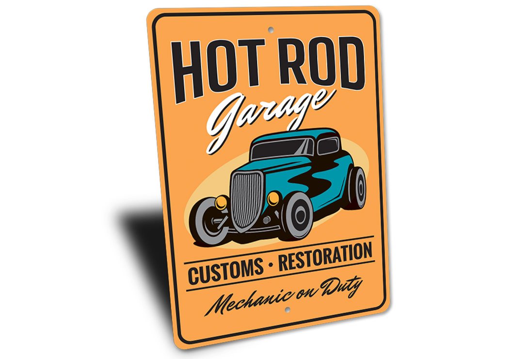 Mechanic on Duty Hot Rod Garage Sign made of high-quality aluminum, featuring customizable text and pre-drilled holes for easy mounting.