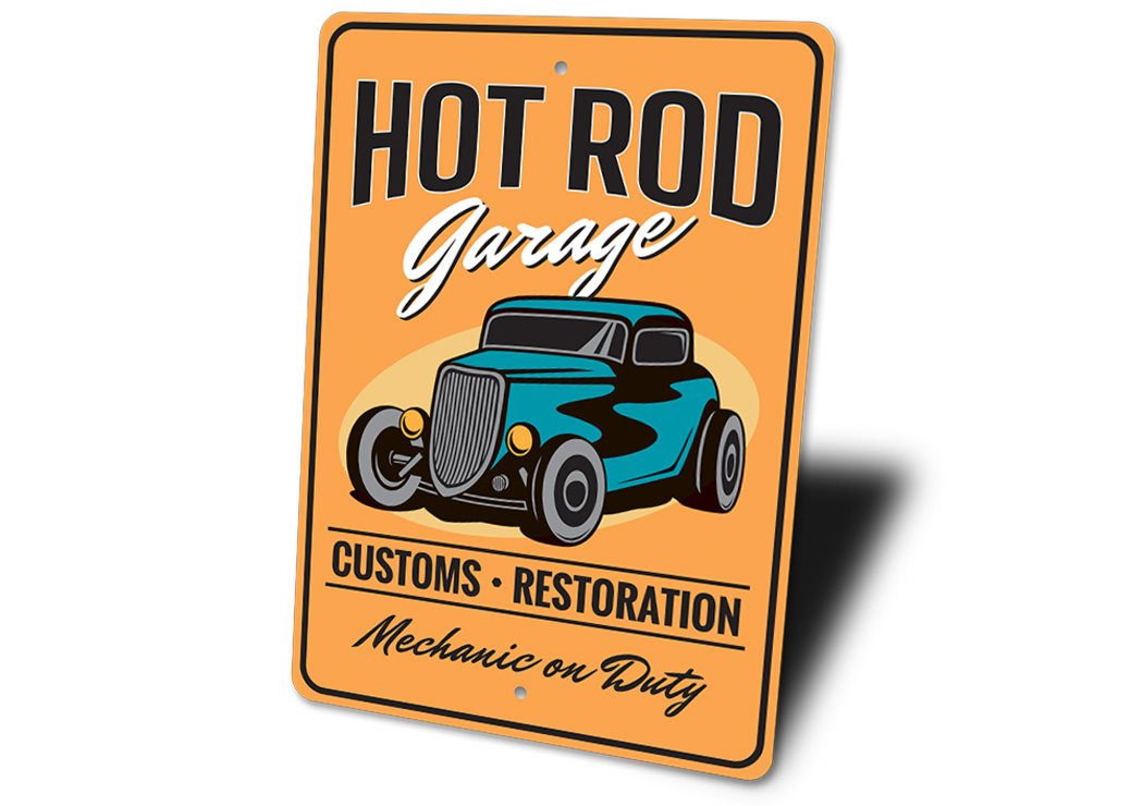 Mechanic on Duty Hot Rod Garage Sign made of high-quality aluminum, featuring customizable text and pre-drilled holes for easy mounting.