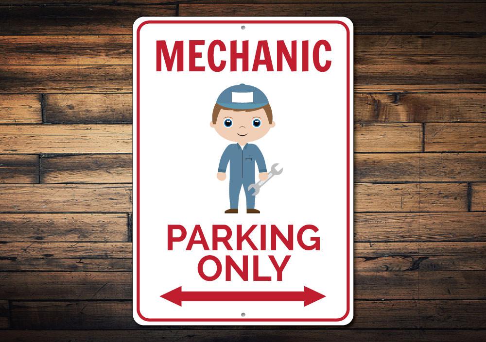 Mechanic Parking Sign made of high-quality aluminum, featuring customizable text and pre-drilled holes for easy mounting.