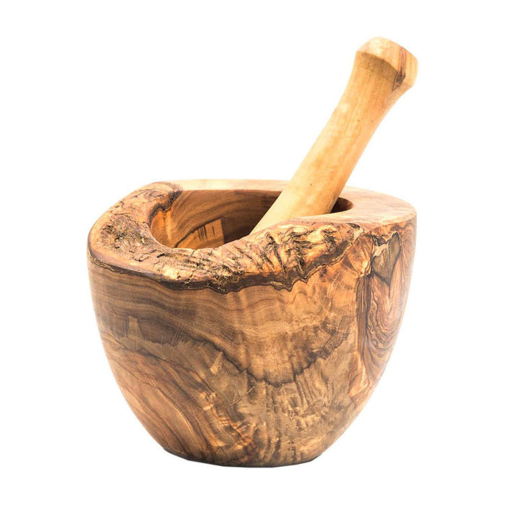 Mediterranean Olive Wood Collection featuring a mortar and pestle, multi-purpose bowl, and cutting board, showcasing beautiful grain patterns.