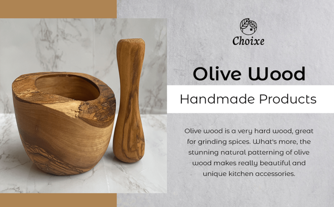 Mediterranean Olive Wood Collection featuring a mortar and pestle, multi-purpose bowl, and cutting board, showcasing beautiful grain patterns.