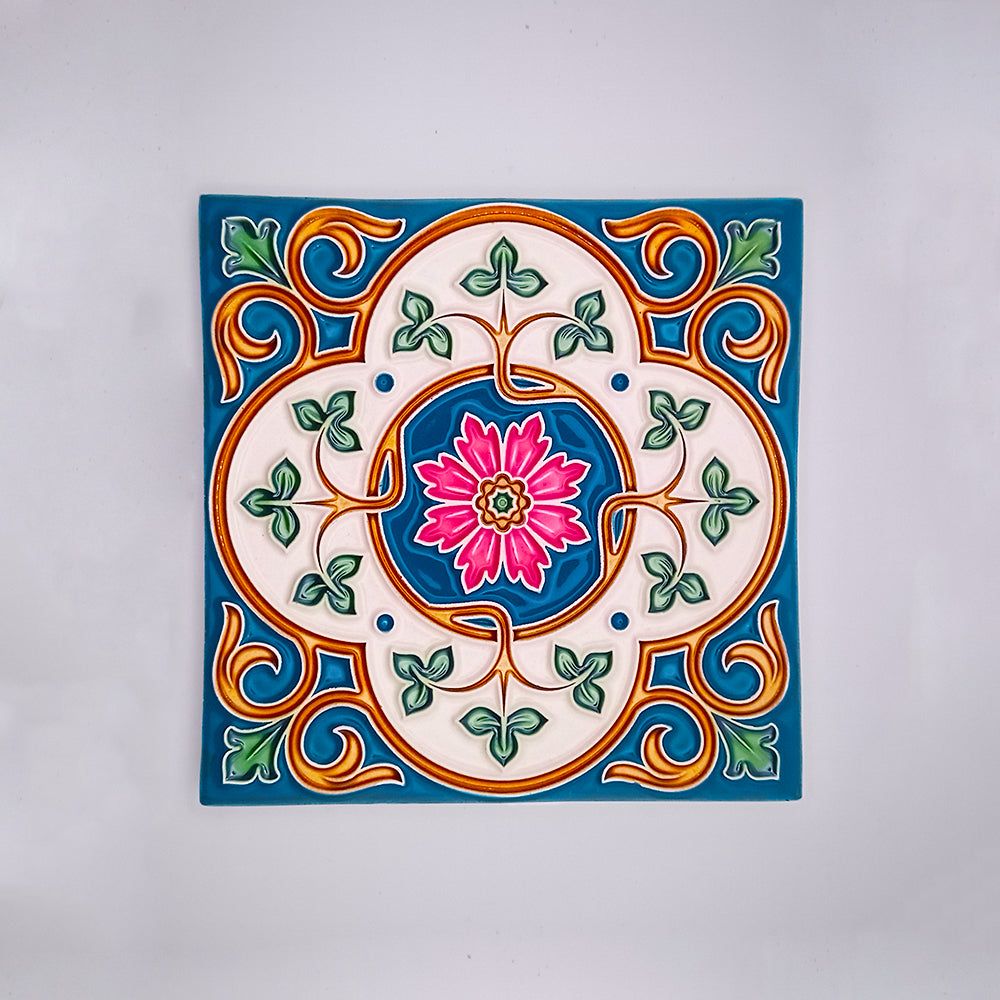 Hand-painted ceramic Mediterranean style tiles showcasing vibrant colors and intricate designs, perfect for kitchen decor.