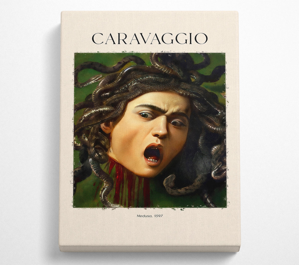 Medusa, 1597 by Caravaggio, a vibrant canvas print mounted on a 44mm box frame, showcasing intricate details and colors.