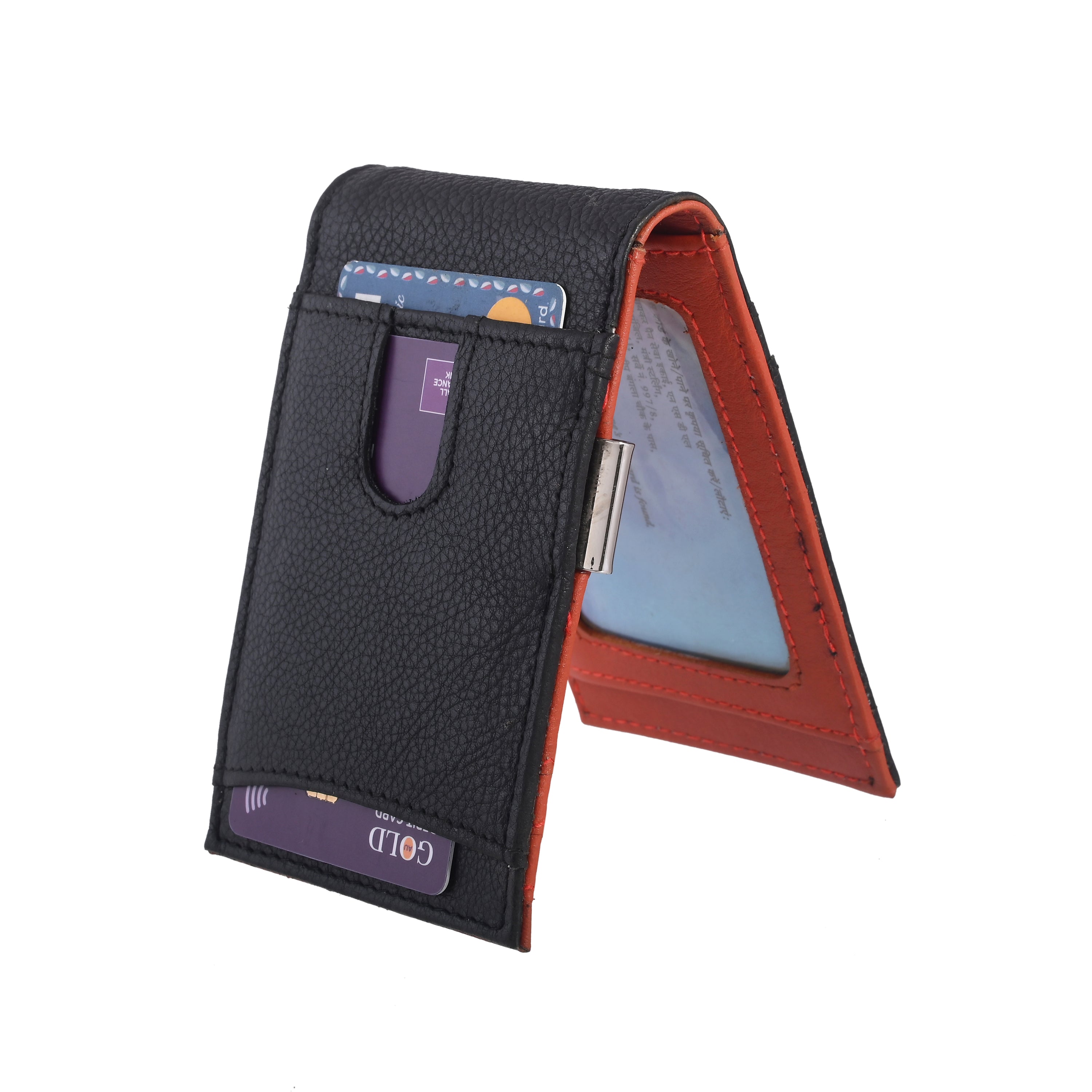 Mens Slim Wallet with Money Clip, featuring RFID blocking technology, bifold design, and integrated money clip for secure cash storage.