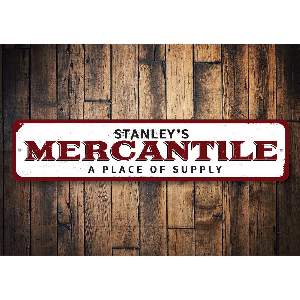 Customizable aluminum Mercantile Sign for businesses and gifts, featuring pre-drilled holes for easy mounting.