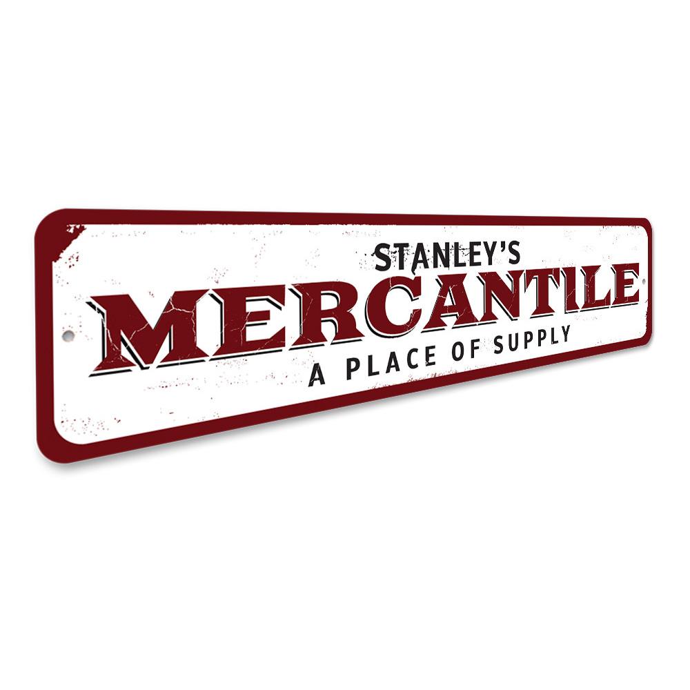 Customizable aluminum Mercantile Sign for businesses and gifts, featuring pre-drilled holes for easy mounting.