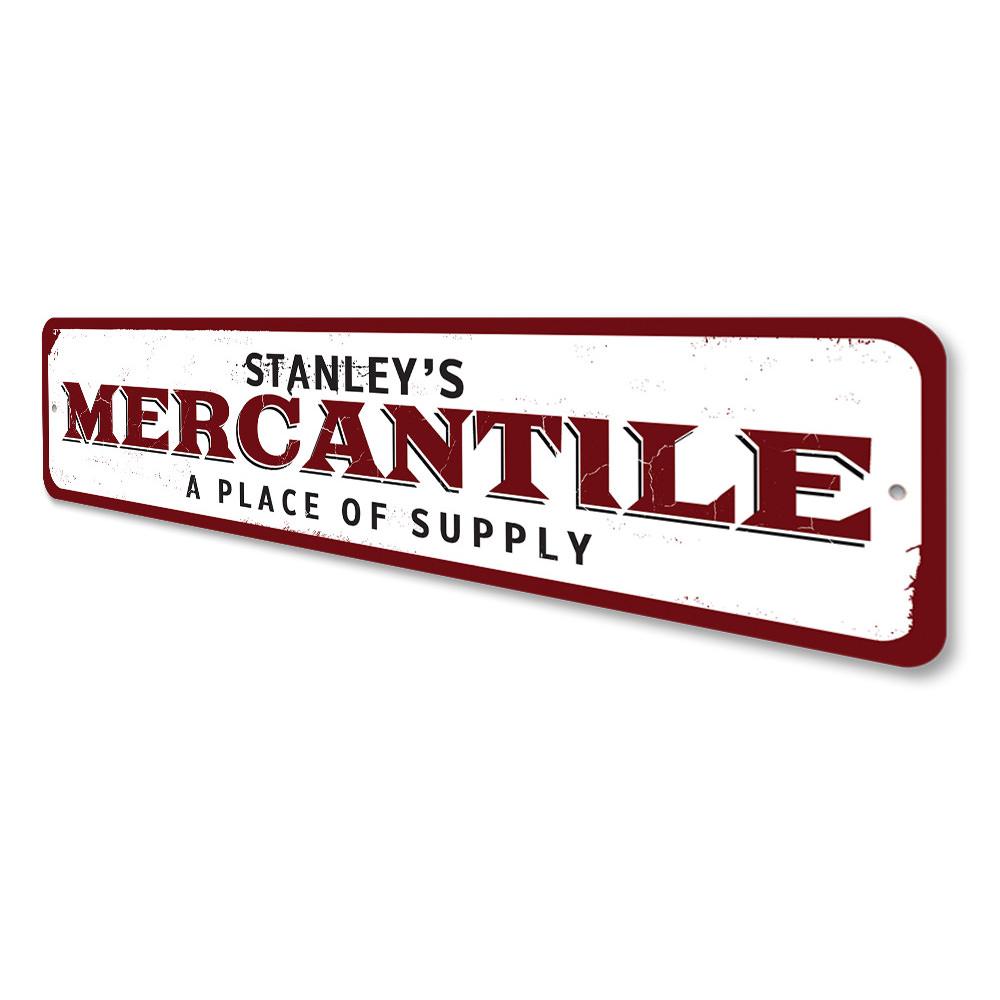 Customizable aluminum Mercantile Sign for businesses and gifts, featuring pre-drilled holes for easy mounting.