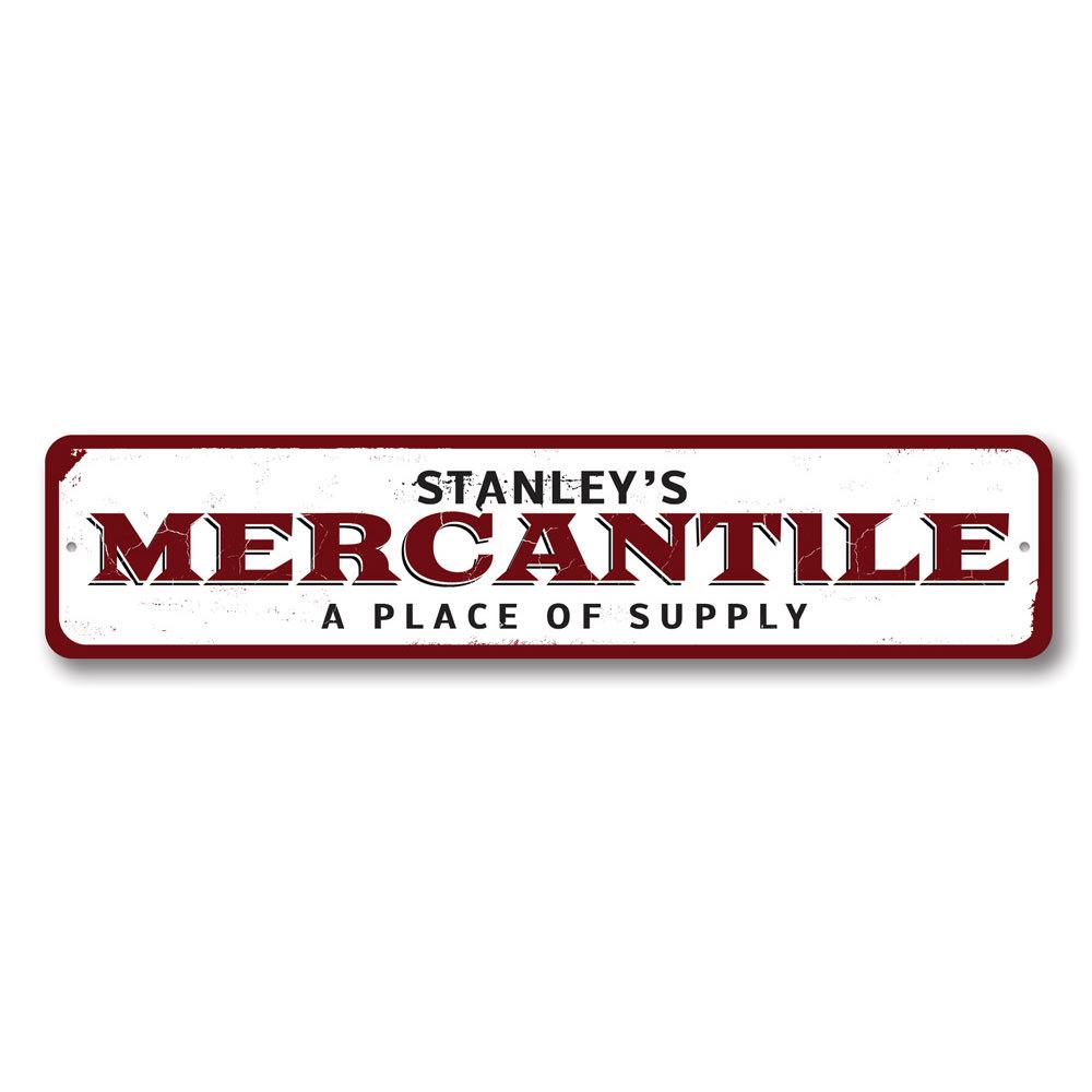 Customizable aluminum Mercantile Sign for businesses and gifts, featuring pre-drilled holes for easy mounting.