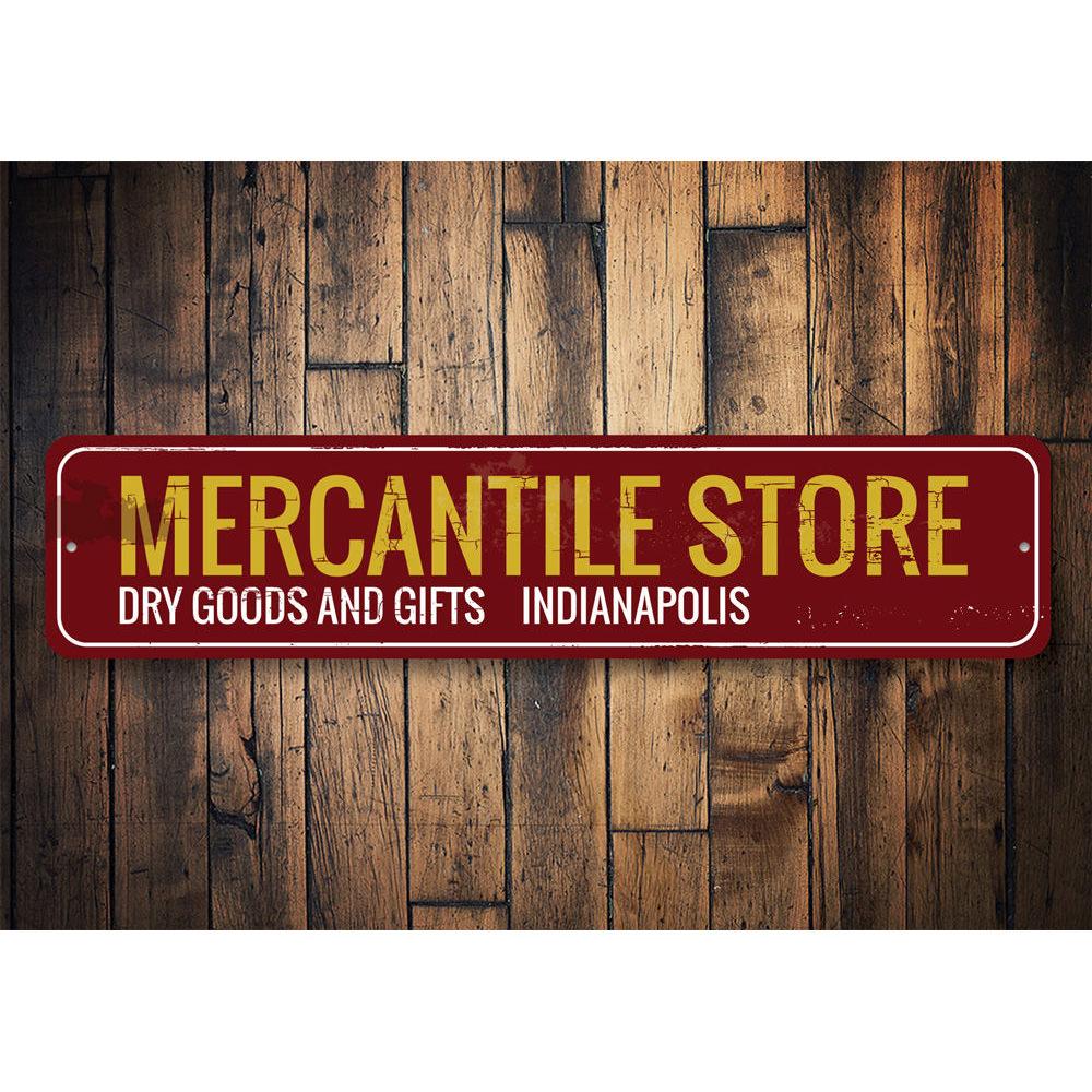 Customizable Mercantile Store Sign made of high-quality aluminum, featuring pre-drilled holes for easy mounting, perfect for businesses and gifts.