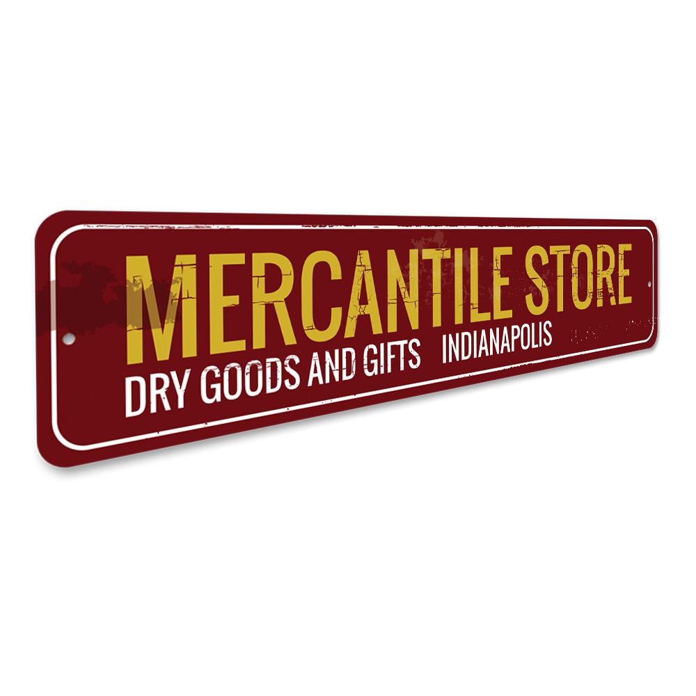 Customizable Mercantile Store Sign made of high-quality aluminum, featuring pre-drilled holes for easy mounting, perfect for businesses and gifts.