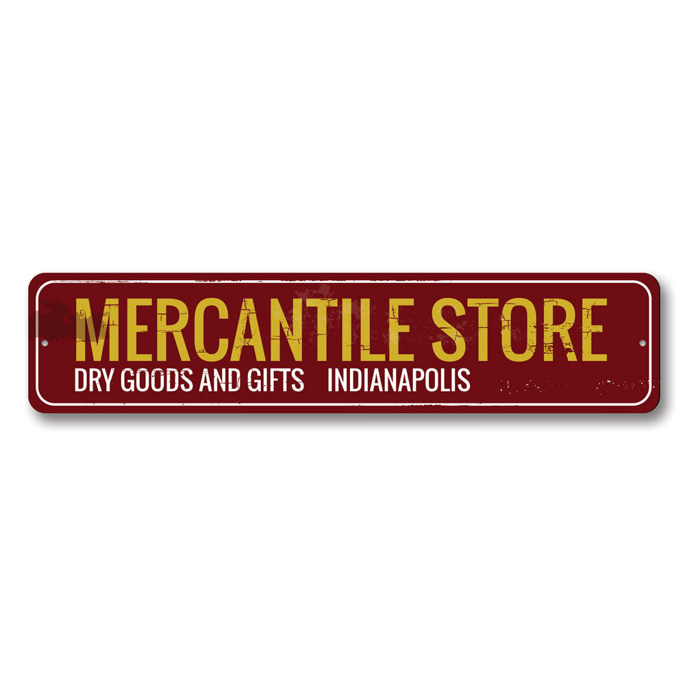 Customizable Mercantile Store Sign made of high-quality aluminum, featuring pre-drilled holes for easy mounting, perfect for businesses and gifts.