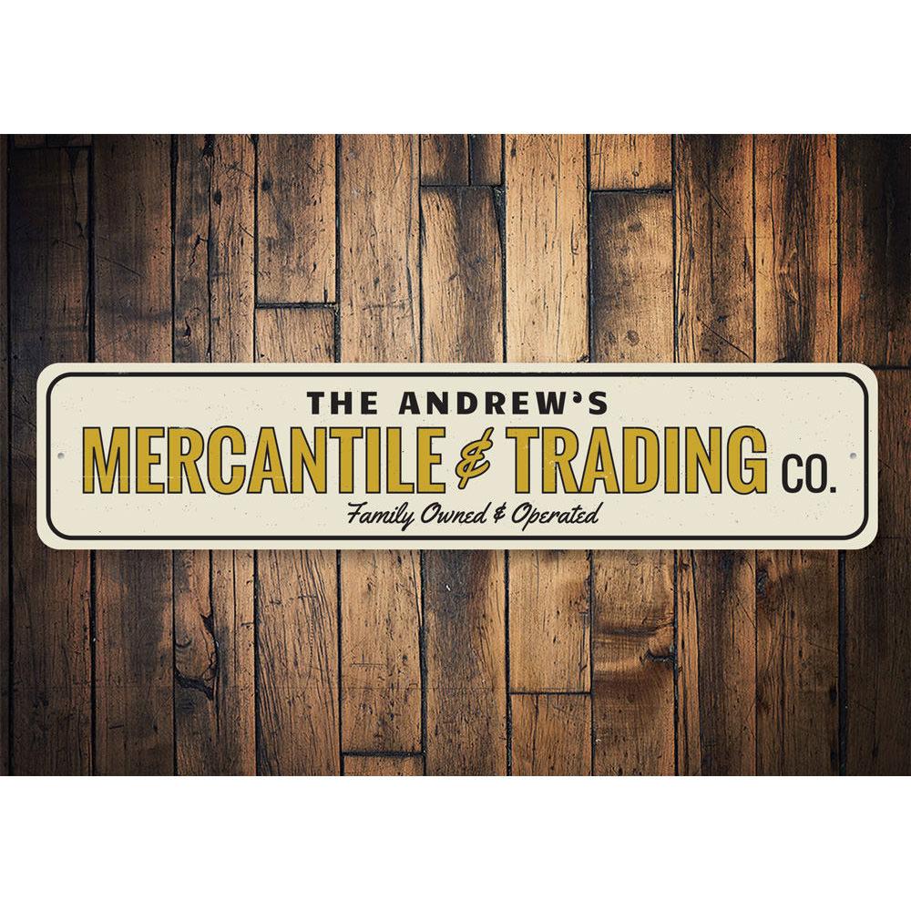 Mercantile & Trading Co decorative aluminum sign, showcasing a rustic design perfect for businesses and home decor.