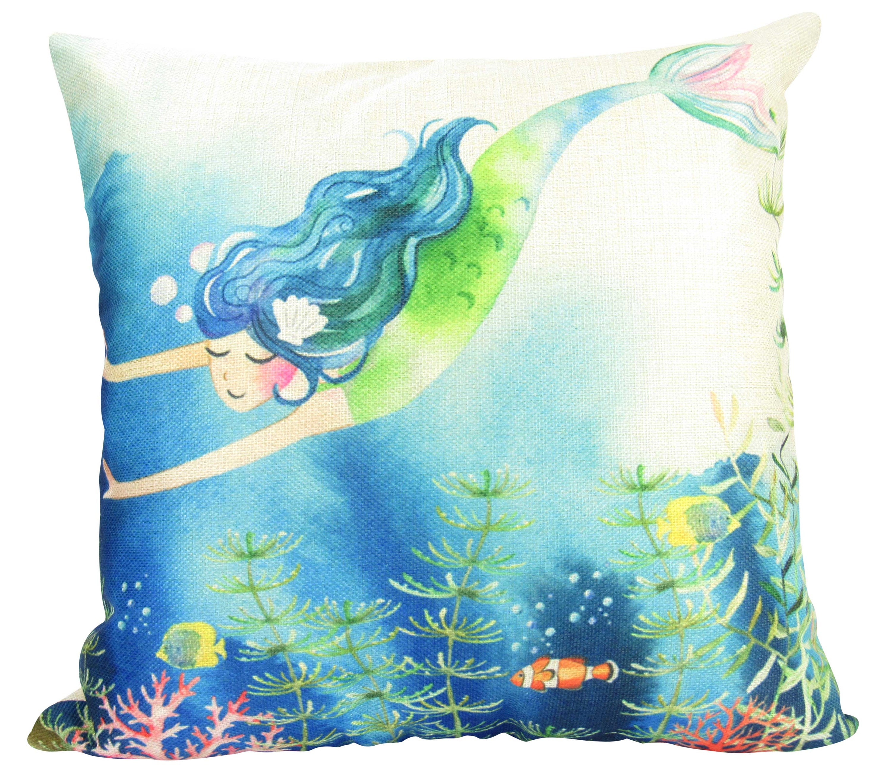 Colorful Mermaid Art Pillow Cover featuring a whimsical mermaid diving in the sea, perfect for children's rooms and playful home decor.