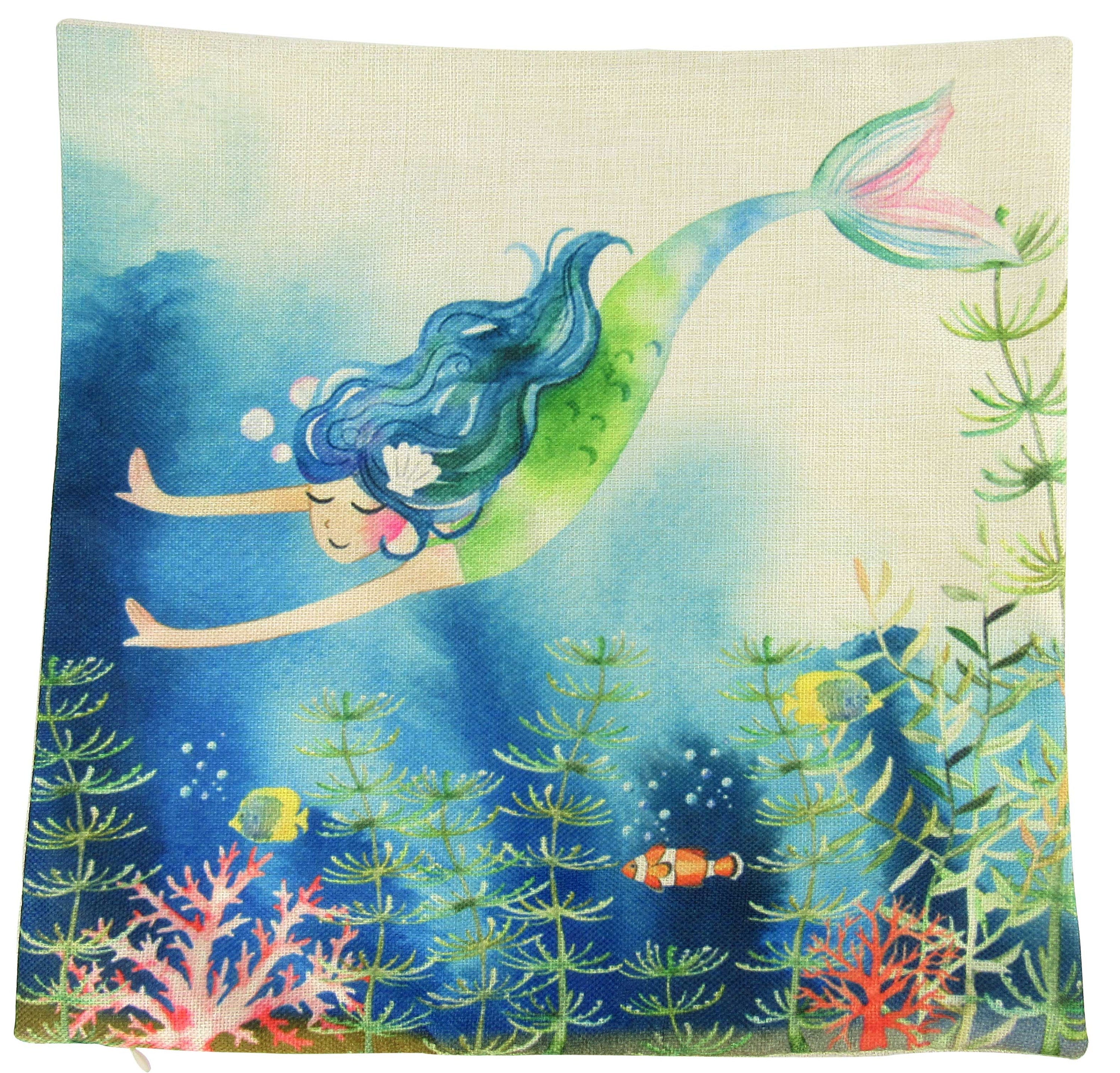 Colorful Mermaid Art Pillow Cover featuring a whimsical mermaid diving in the sea, perfect for children's rooms and playful home decor.