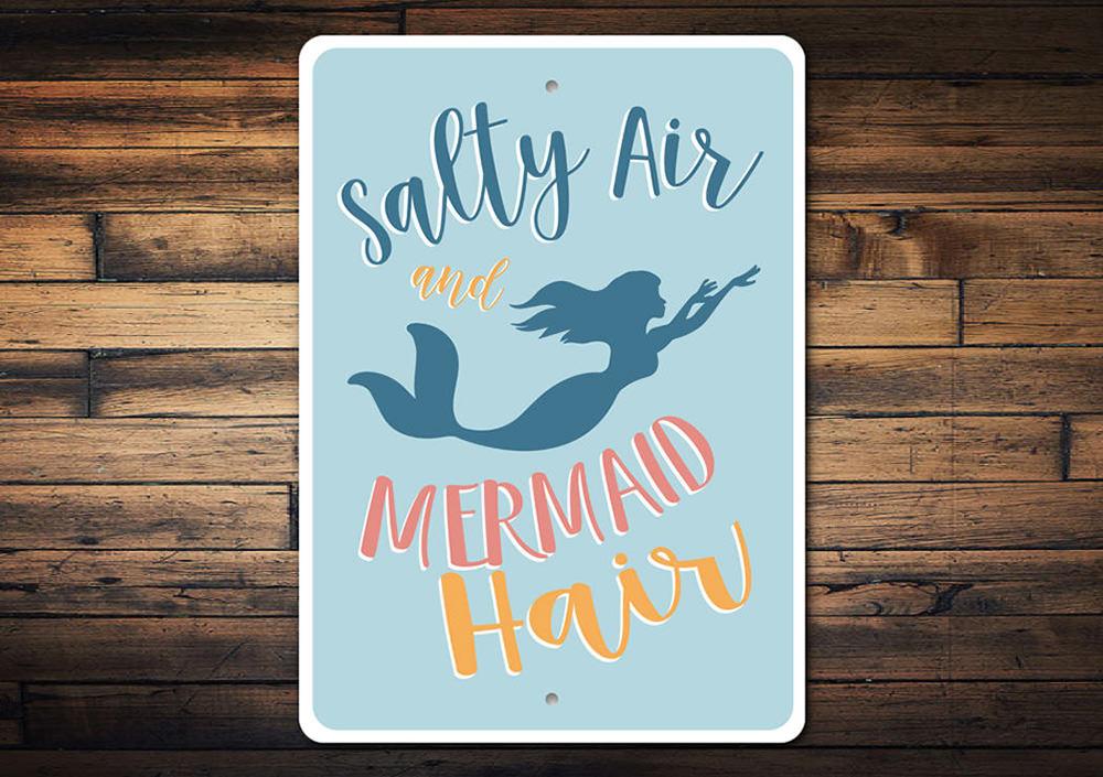 Mermaid Hair Beach Sign made of high-quality aluminum, featuring vibrant colors and a coastal design, perfect for beach houses and outdoor decor.