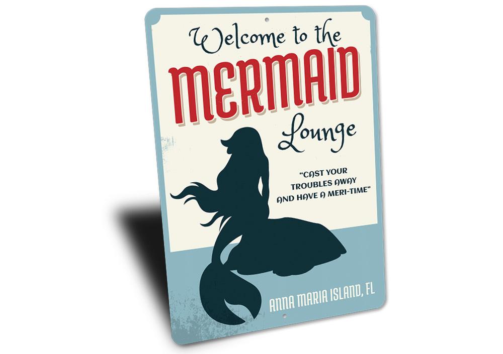 A beautifully crafted Mermaid Lounge Sign made of high-quality aluminum, featuring a beach-themed design perfect for coastal decor.