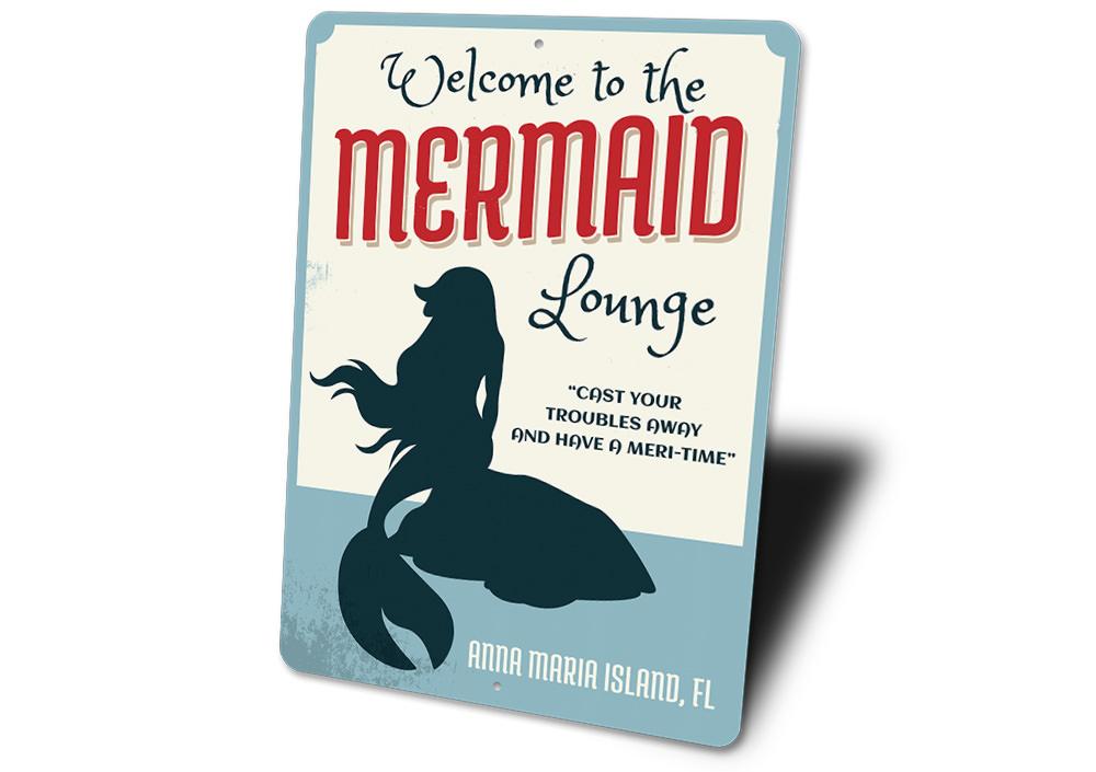 A beautifully crafted Mermaid Lounge Sign made of high-quality aluminum, featuring a beach-themed design perfect for coastal decor.