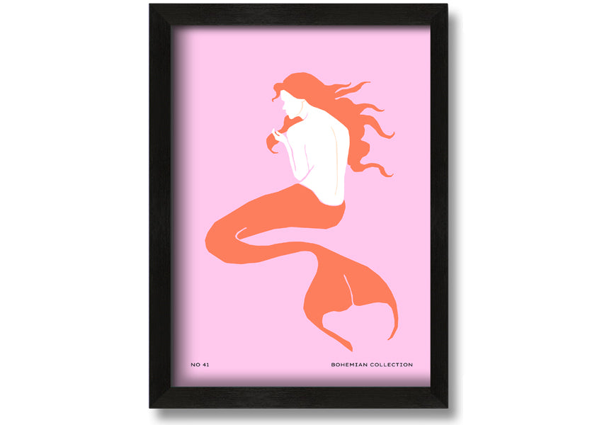 A beautifully illustrated framed print of a mermaid on a soft pink background, showcasing vibrant colors and intricate details.