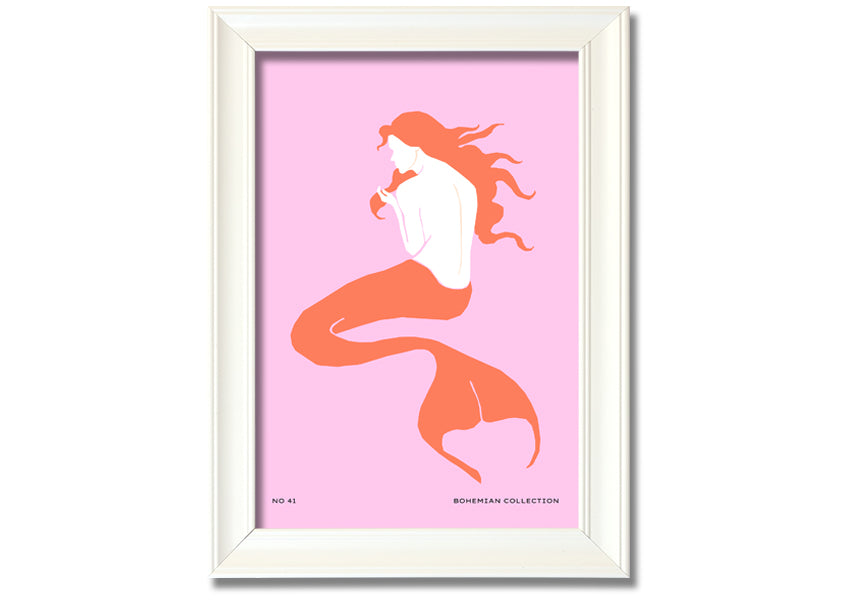 A beautifully illustrated framed print of a mermaid on a soft pink background, showcasing vibrant colors and intricate details.