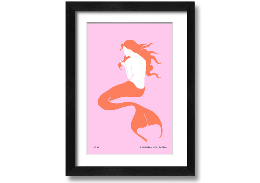 A beautifully illustrated framed print of a mermaid on a soft pink background, showcasing vibrant colors and intricate details.