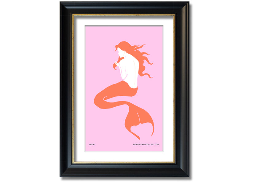 A beautifully illustrated framed print of a mermaid on a soft pink background, showcasing vibrant colors and intricate details.