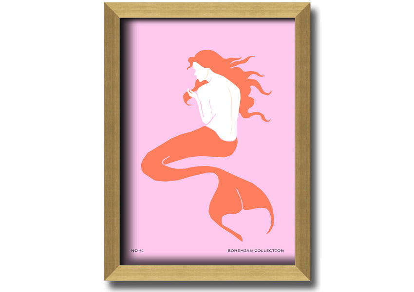 A beautifully illustrated framed print of a mermaid on a soft pink background, showcasing vibrant colors and intricate details.