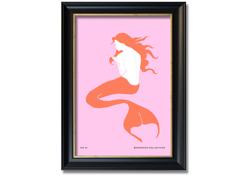 A beautifully illustrated framed print of a mermaid on a soft pink background, showcasing vibrant colors and intricate details.