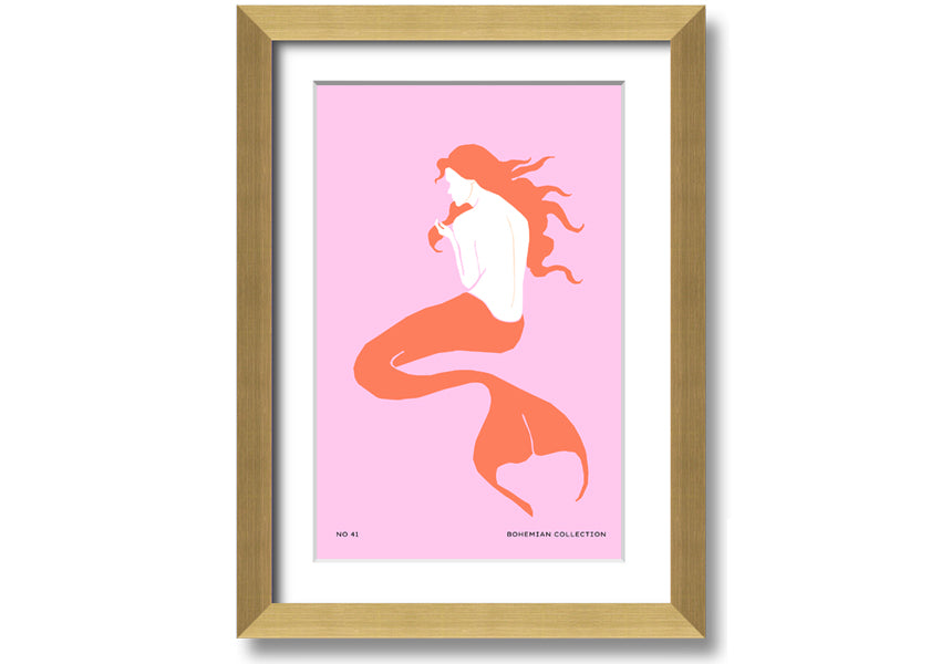 A beautifully illustrated framed print of a mermaid on a soft pink background, showcasing vibrant colors and intricate details.