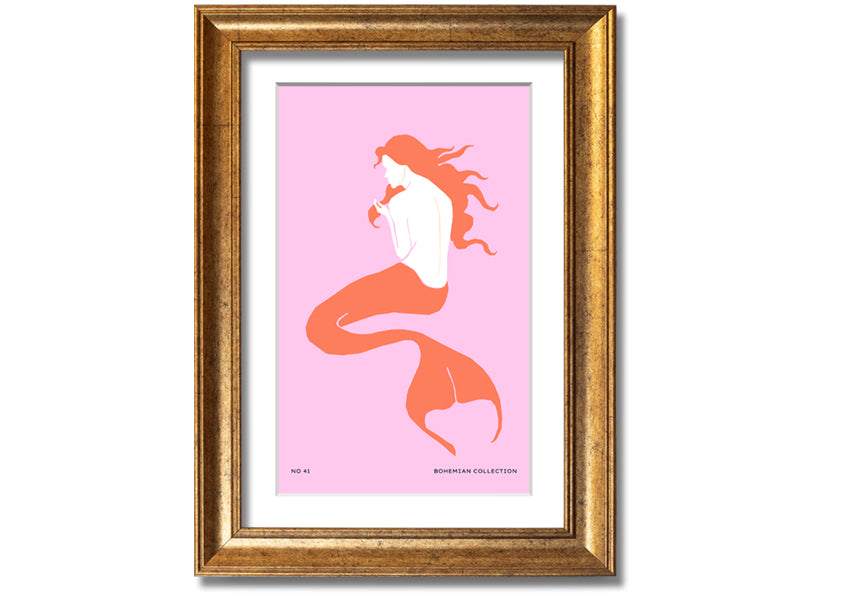 A beautifully illustrated framed print of a mermaid on a soft pink background, showcasing vibrant colors and intricate details.