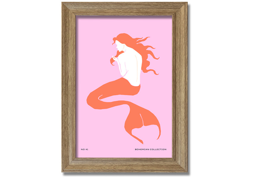 A beautifully illustrated framed print of a mermaid on a soft pink background, showcasing vibrant colors and intricate details.