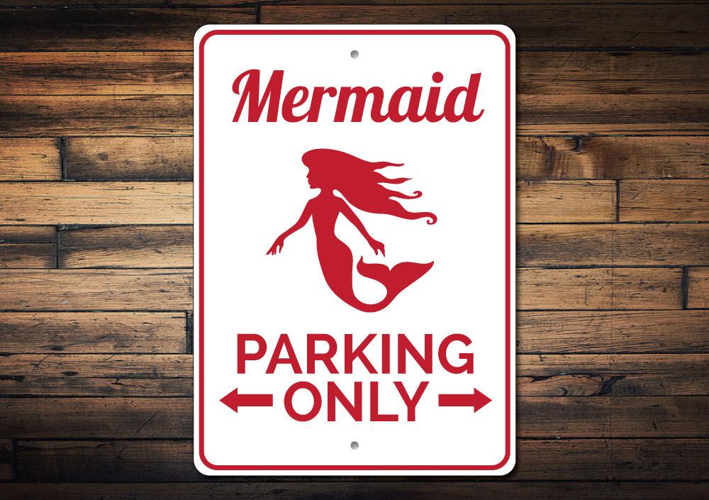 A colorful Mermaid Parking Sign made of aluminum, featuring a whimsical mermaid design, perfect for reserving parking spaces.