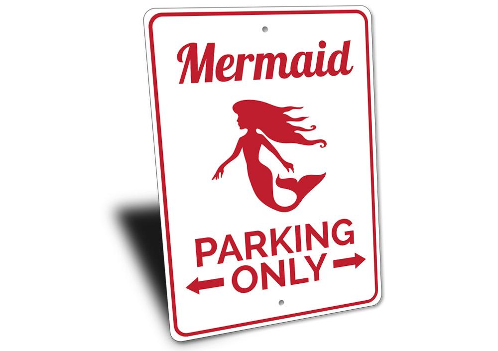 A colorful Mermaid Parking Sign made of aluminum, featuring a whimsical mermaid design, perfect for reserving parking spaces.