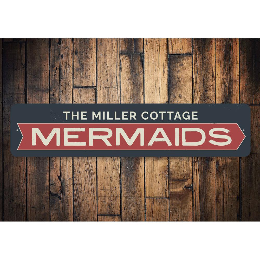 Mermaids Arrow Sign featuring a whimsical design, perfect for coastal decor, made from high-quality aluminum with customizable text options.