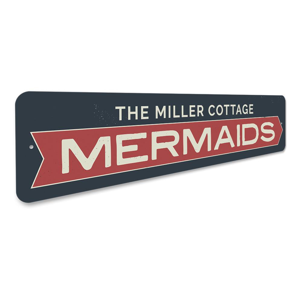 Mermaids Arrow Sign featuring a whimsical design, perfect for coastal decor, made from high-quality aluminum with customizable text options.