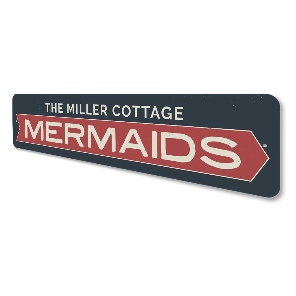 Mermaids Arrow Sign featuring a whimsical design, perfect for coastal decor, made from high-quality aluminum with customizable text options.