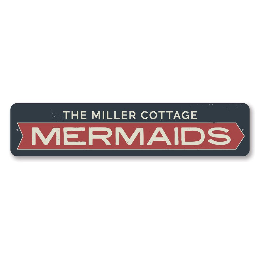 Mermaids Arrow Sign featuring a whimsical design, perfect for coastal decor, made from high-quality aluminum with customizable text options.