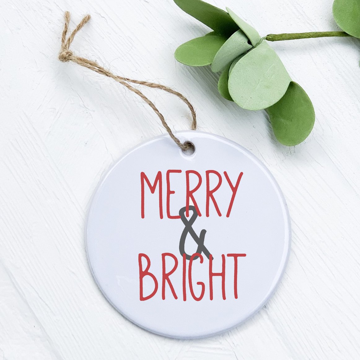 Merry & Bright porcelain ornament featuring original designs, perfect for holiday decor or as a gift tag.